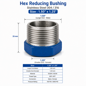 Buje reductor hexagonal de acero inoxidable 1-1/2 x 1-1/4, rosca NPT macho x hembra, accesorio de tubería resistente a la corrosión de alta presión, OEM - Product Image 1