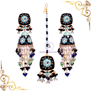 Boucles d'oreilles Meenakari Jhumka faites à la main avec émail Maang Tika Bijoux de mariage de style Bollywod traditionnel Sangeet Mehndi Wear - Product Image 4