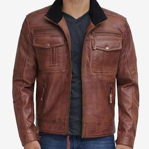 Chaqueta de Cuero Marrón Personalizada para Hombre con Cuello Mao, Cuero de Primera Calidad, Elegante y Duradera, Precio al por Mayor Disponible - Product Image 1