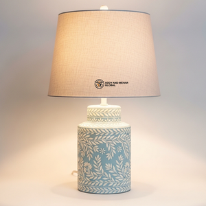 Lampe élégante en os bleu incrusté |   Lampe de table florale faite à la main pour la décoration moderne de la maison - Product Image 1