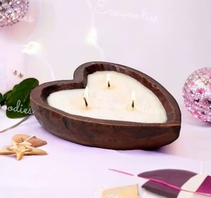 Handcrafted Heart Shaped Wooden Heart Shaped Wooden <b>Candle</b> Bowl With Three <b>Wick</b> <b>Candle</b> For Home Decor Home Decoration Christmas - Product Image 3