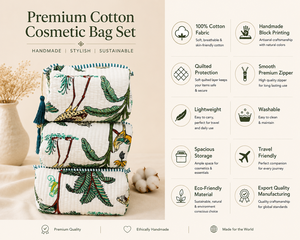 Set de Bolsas Cosméticas Acolchadas de Algodón Verde, Organizador de Maquillaje con Estampados de Animales, Estilo Bohemio, Ecológico, para Viaje - Product Image 3