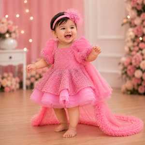Robe de princesse rose pour femme adulte, corsage perlé, jupe en tulle superposée, manches bouffantes, nœud papillon surdimensionné, longue traîne, pour anniversaire - Product Image 2