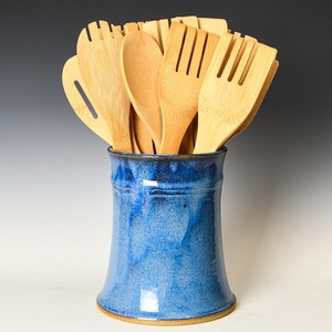 Artisan Ceramic <b>Utensil</b> <b>Holder</b> Blue Glaze Fired Stoneware Thick Wall Durable Heat Safe <b>Kitchen</b> Counter Storage Organizer <b>Holder</b> - Product Image 3