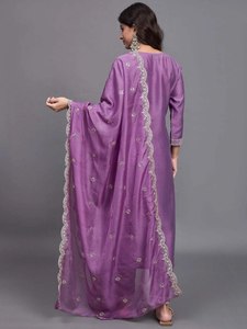 Purple Silk <b>Kurta</b> Pant Set with Embroidery Work and Dupatta for Women Traditional <b>Indian</b> Pakistani Wear - Product Image 3
