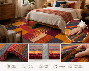 Tapis géométrique multicolore moderne, tissé à la main en laine, motifs abstraits, jaune moutarde, bleu, rouille, rouge, tapis sur mesure en gros - Product Image 3