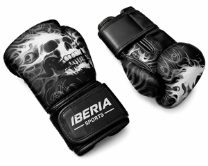 Gants de boxe noirs IBERIA Premium, imprimé crâne blanc, gants d'entraînement en cuir PU, logo personnalisé, équipement sportif en gros OEM - Product Image 4