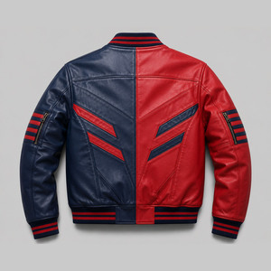 Blouson Bomber en Cuir PU pour Homme, Style Moto Biker, Col Revers, Fermeture Éclair, Rouge Bleu Marine - Product Image 4