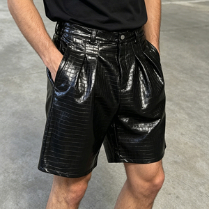 Men's Black PU Coated Bermuda Shorts High Waist Button Fly Embossed Pattern With Pockets Street Style - Product Image 1