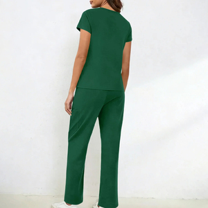 Ensemble de blouses médicales vertes pour femmes, col en V, manches courtes, pantalon, uniforme d'hôpital, coton et polyester tissé - Product Image 6