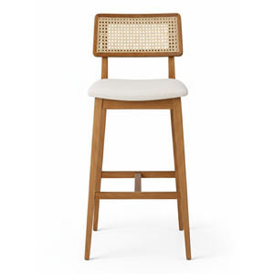 Chaise de bar haut de gamme en teck massif avec dossier en rotin et assise rembourrée, idéale pour bar à domicile, comptoir de cuisine, salle à manger, café commercial moderne - Product Image 1