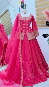 Premium <b>Pink</b> Roman <b>Silk</b> Lehenga Set with Beads & Stone Embroidered <b>Top</b> and Net Dupatta – Elegant Festive Wear - Product Image 4