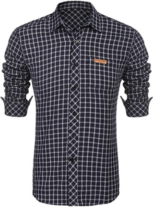 Camisa a cuadros de manga larga informal para hombre, con cuello vuelto, botones frontales, bolsillo, de verano, de punto, de algodón, franela, talla grande - Product Image 4