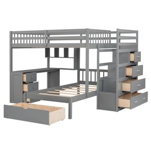 Full Over Twin <b>Bunk</b> <b>Bed</b> <b>with</b> <b>Desk</b> Drawers and Shelves in Gray for <b>Kids</b> - Product Image 3