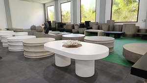 Handmade Minimalist White Oval <b>Outdoor</b> Concrete <b>Table</b> with Dual Round Pedestal Base for Villa or Patio Spaces - Product Image 6