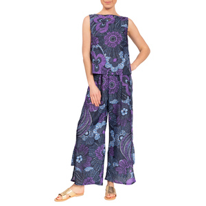Conjunto de Salón para Mujer con Estampado Floral, Top sin Mangas, Pantalones de Pierna Ancha, Viscosa y Algodón, Cintura Elástica, Ropa Casual de Verano - Product Image 1