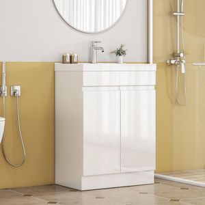 Mobile Bagno da 24 Pollici con Lavabo e Specchio, Armadietto a 2 Ante e Ripiano, Design Unico con Bordo Spesso Senza Maniglie - Product Image 1