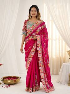 Sari en soie Rangoli de la marque Designer Dori avec broderie à sequins, accompagné d'un chemisier en soie Banglory mono entièrement brodé. - Product Image 5