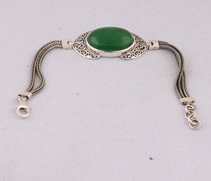 Natural Green Jade <b>Silver</b> Vintage Anniversary Handcrafted Filigree Oval Cabochon Chain <b>Cuff</b> <b>Bracelet</b> 925 Sterling <b>Silver</b> Jewelry - Product Image 3