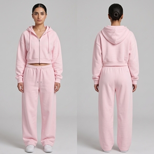 Custom <b>Women</b> 2 Piece Set Cropped Zip Up Hoodie <b>Jogger</b> Sweatpants Tracksuit <b>Fleece</b> Sportswear Wholesale OEM China Manufacturer - Product Image 4