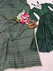 Green Striped Cotton Floor-Length <b>Kurta</b> Set <b>Women</b> Traditional Loose Fit Ethnic Wear India Pakistan Casual Style - Product Image 6