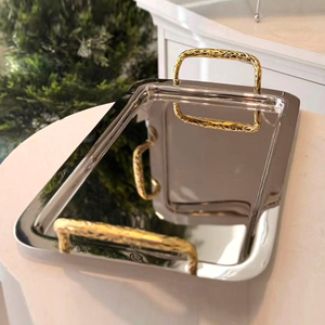Juego de bandejas rectangulares de metal plateado con asas geométricas doradas, utensilios de cocina, artesanía, centro de mesa decorativo moderno, regalo - Product Image 6