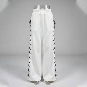 Pantalon décontracté pour femme à jambes larges avec détails de lacets latéraux, taille élastique, coupe décontractée - Product Image 4