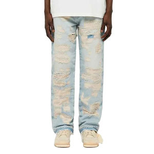 Jean droit déchiré et brodé en denim délavé clair, léger et respirant, nouvelle mode, qualité supérieure, personnalisable OEM - Product Image 1