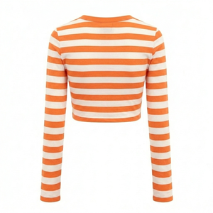 Camiseta corta personalizada para mujer con rayas blancas y naranjas, manga larga, ligera, de algodón suave, camiseta de verano, top moderno y elegante. - Product Image 2