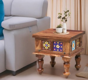 Solid Wood Bedside <b>Table</b> with Ceramic Tile Inlay | Traditional Rajasthani <b>Side</b> <b>Table</b> | Antique Style Accent <b>Table</b> - Product Image 1