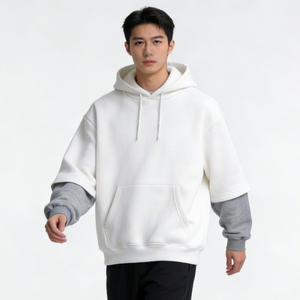 Sweat à capuche pour homme, coupe classique, 100% coton, hiver, manches superposées, poche contrastante, polaire, épaules tombantes, streetwear décontracté - Product Image 5