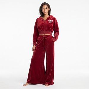 Top Quality Women's <b>Velvet</b> <b>Tracksuit</b> Crop Gull zip Long Sleeve Drop Shoulder Hoodie And Wide Leg Jogger Set - Product Image 5