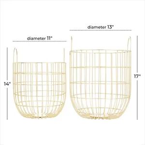 Panier de rangement moderne en fil métallique doré, lot de 2 grands paniers sur pied pour couvertures et jouets, organiseur de salon - Product Image 6
