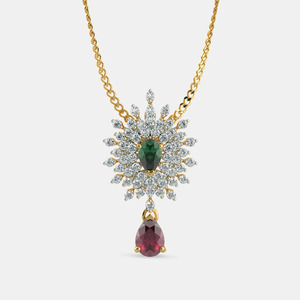 Yellow Gold Emerald <b>Ruby</b> Floral Halo Lab Grown Diamond Pendant <b>Necklace</b> - Product Image 1