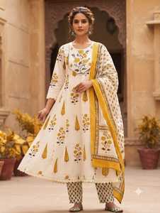 Anarkali de Algodón Estampado con Flores Tejidas en Color Marfil, Salwar Kameez, Traje Tradicional para Mujer, Ideal para Bodas, Fiestas y Eventos Formales al Aire Libre - Product Image 3