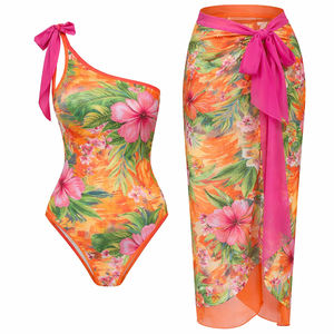 Traje de baño de una pieza con estampado floral tropical para mujer, conjunto de falda pareo, traje de baño con tiras en los hombros, conjunto de 2 piezas para la playa. - Product Image 4