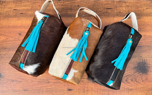 Nouveaux cheveux faits à la main sur peau de vache Turquoise gland trousse de toilette pour femmes Western en cuir véritable sacs à cosmétiques pour le stockage de maquillage - Product Image 2