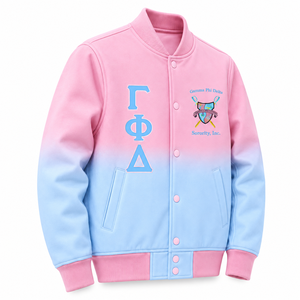 Veste universitaire en satin ombré pour femmes Gamma Phi Delta, avec lettres grecques brodées, boutons-pression, col et poignets en tricot côtelé, style Letterman - Product Image 4