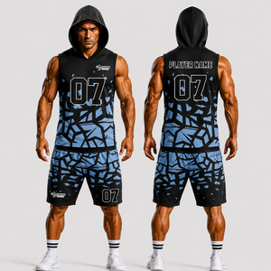 Ensemble de football américain pour hommes SINEWY SPORTS, imprimé géométrique sublimé, débardeur à capuche et short, vêtements de sport respirants - Product Image 1