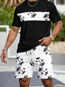 Men's Summer Casual Sportswear <b>Set</b> Featuring Breathable Crew Neck T-Shirt Shorts Eco-Friendly <b>Knitted</b> 220g 100% Polyester <b>Set</b> - Product Image 3