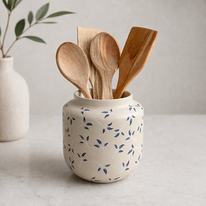 Porte-ustensiles en céramique haut de gamme, motif feuille peint à la main, glaçure lisse, cuit à haute température, durable, organisateur de rangement pour comptoir de cuisine - Product Image 1