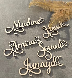 Personalized <b>Wooden</b> Name <b>Sign</b> with Crescent Moon Handmade Wedding Eid Wall Hanging Decor - Product Image 3