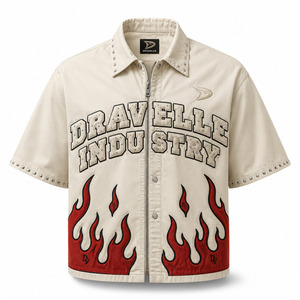 Custom <b>Flame</b> Applique Y2K Varsity <b>Shirt</b> Oversized Boxy Button-Up Studded Collar Puff Embroidery Zipper Placket Streetwear Men - Product Image 3