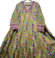 Robe Kurti pour femme en coton écologique vert, à panneaux, col en V, manches cloche évasées, taille naturelle, taille unique, style ethnique