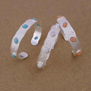Gemstone Geometric Oval Cabochon Textured Open Cuff Bangles <b>Bracelet</b> Gold Rose Gold Plated Silver Handmade Brass <b>Adjustable</b> - Product Image 1
