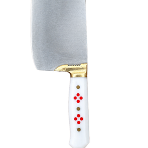 Couteau à viande robuste PW-DR, lame courbée argentée, manche blanc, rivets décoratifs rouges, bolster doré, couteau de boucher pour la cuisine - Product Image 6