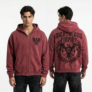 Wholesale Maroon Red Acid Wash Zip Up Hoodie Men Oversized Streetwear Eagle Graphic Fleece Custom Vintage Wash Zip Hoodie - Product Image 1