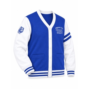 Cárdigan Universitario de la Universidad Estatal de Tennessee, Azul y Blanco, Mangas en Contraste, Logotipo Bordado, Cuello en V, Manga Larga, Estilo Preppy - Product Image 3