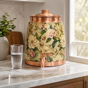 Pure Copper <b>Water</b> Dispenser 8 Litre <b>with</b> <b>Tap</b> and Dome Lid Floral Printed Handcrafted <b>Water</b> Storage <b>Container</b> for Home Dining - Product Image 2