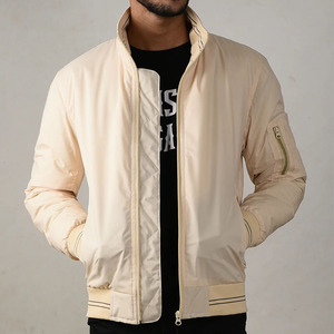 Chaqueta Bomber Beige para Hombre, Color Sólido, Cierre de Cremallera, Estilo Casual, Exterior de Poliéster, Corte Regular, para Otoño - Product Image 4